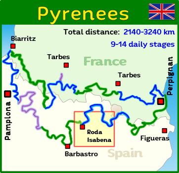 Tour map of a motorcycle tour through the Pyrenees with a street motorcycle