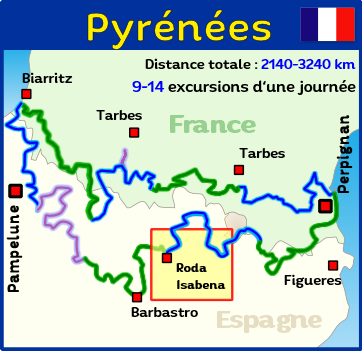 Carte d'un circuit moto à travers les Pyrénées en moto de route Carte d'un circuit moto à travers les Pyrénées en moto de route